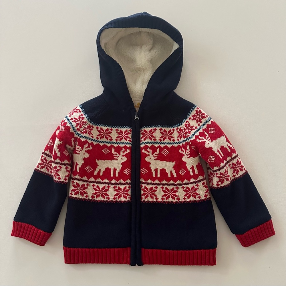 Toddler Boy 3T Fair Isle Reindeer Hooded Jacket Sherpa Lined Holiday Christmas